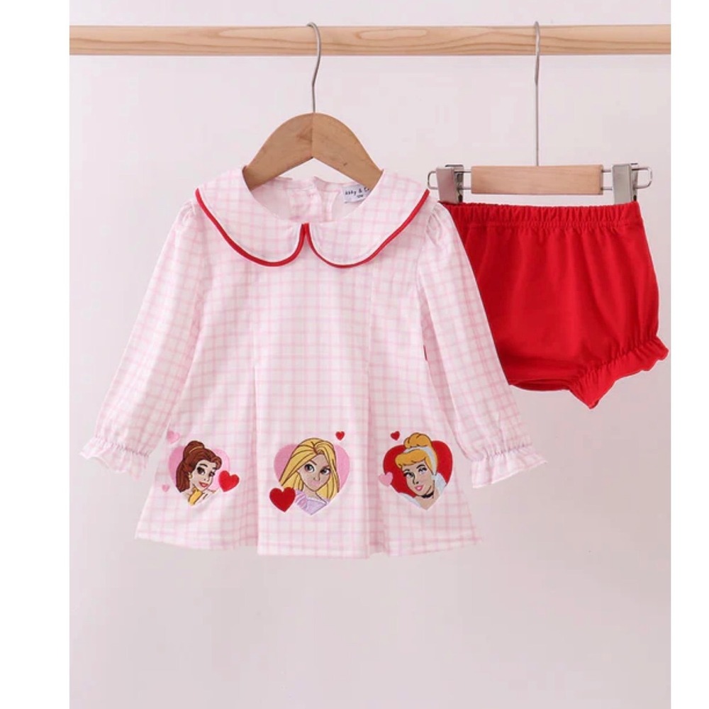 NWT Abby & Evie Girls 3 Disney Princess Gingham Dress Bloomer Set Pink White Red